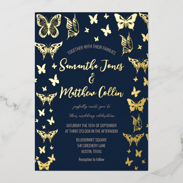 Butterflies Boho Navy Blue Gold Foil Wedding (Front)