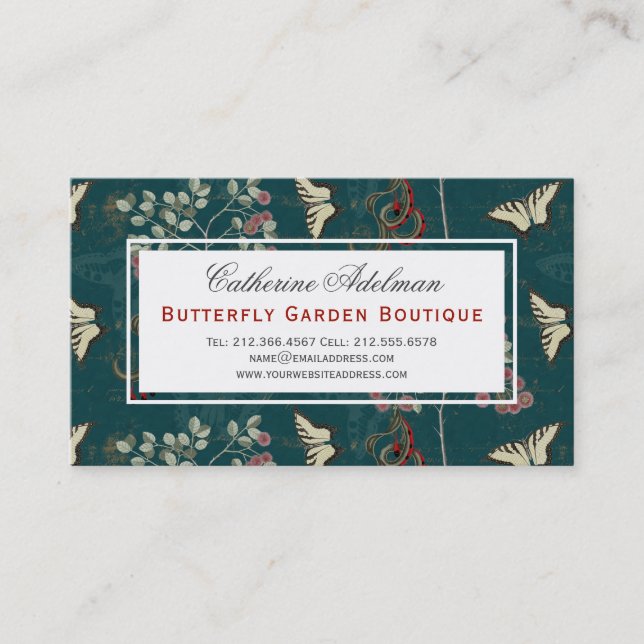 Butterflies Botanical Vintage Dark Green Elegant Business Card (Front)