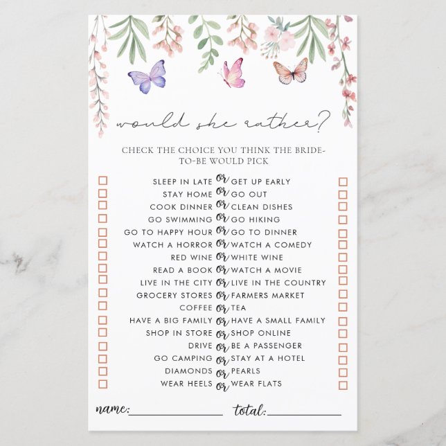 Butterflies Bridal Shower Game Would She Rather (Front)