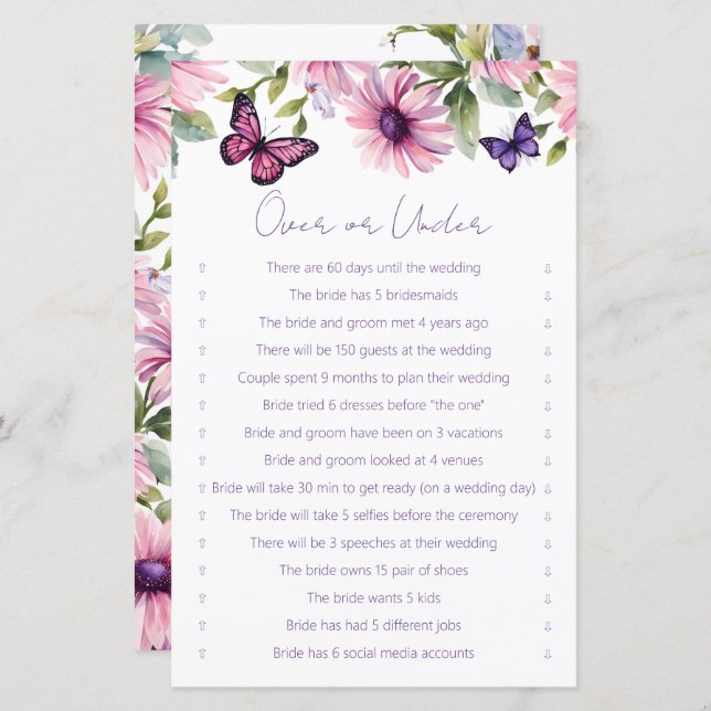 Butterflies bridal shower over or under game (Front/Back)