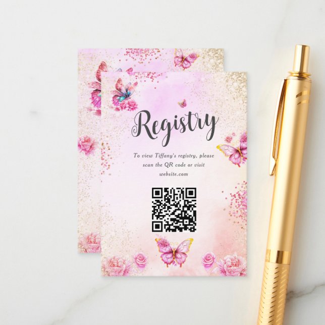 Butterflies Bridal Shower Registry QR Code Enclosure Card (Front/Back In Situ)
