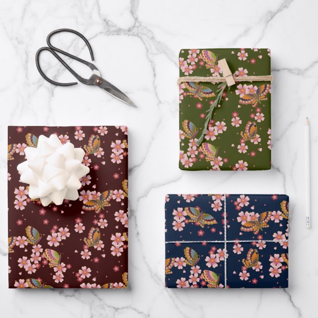 Butterflies & Cherry Blossoms Marooon Blue & Green Wrapping Paper Sheet (Front)