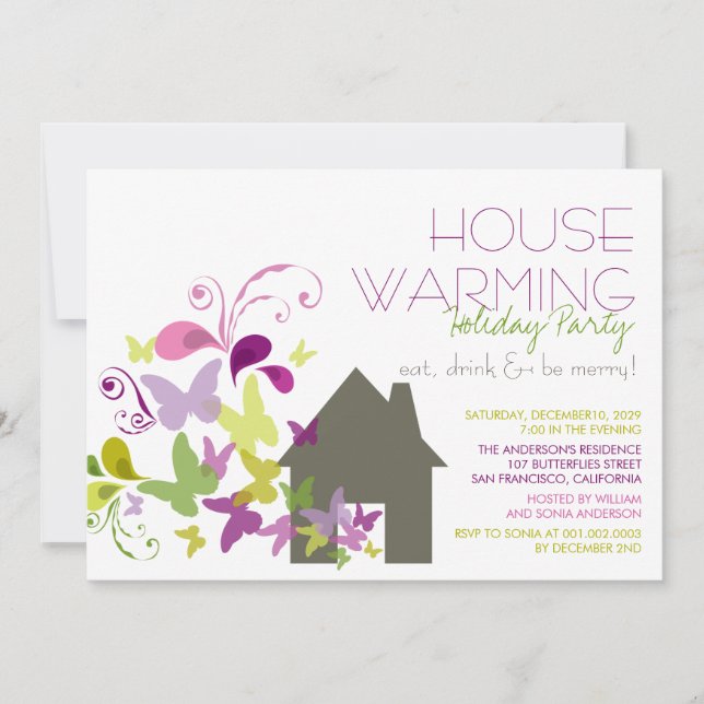 Butterflies Deco Leaves Housewarming Holiday Party Invitation (Front)