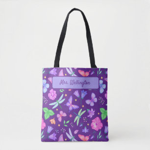 Butterflies & Dragonflies purple and pink floral Tote Bag