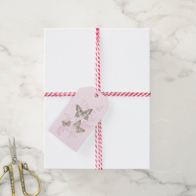 Butterflies drawing graphic pink wedding gift tag (With Twine)