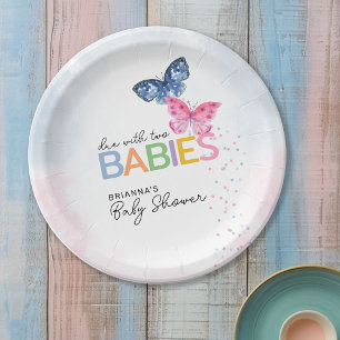 Butterflies Due with Two Babies Baby Shower Paper Plate