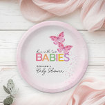 Butterflies Due with Two Twin Girls Baby Shower Paper Plate<br><div class="desc">These adorable butterfly baby shower paper plates feature two pink butterflies for a twin girls themed event. The design is accented with the playful text "due with two BABIES" which combines trendy handwriting with multicolored block letters for a whimsical paper plate.</div>