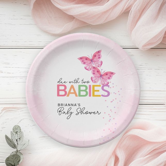Butterflies Due with Two Twin Girls Baby Shower Paper Plate (Creator Uploaded)