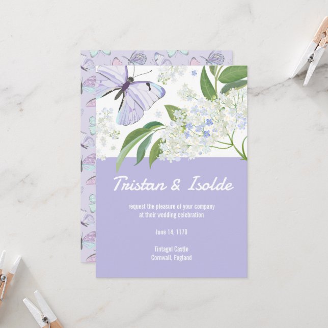 Butterflies & Elderflower Wedding Invitation (Front/Back In Situ)