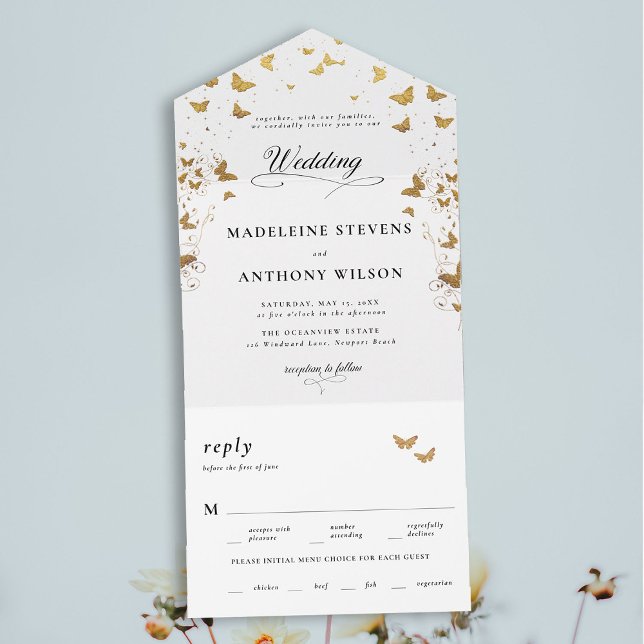 Butterflies Elegant Calligraphy Romantic Wedding All In One Invitation (butterflies garden theme modern romantic elegant calligraphy minimalist all in one trifold wedding)