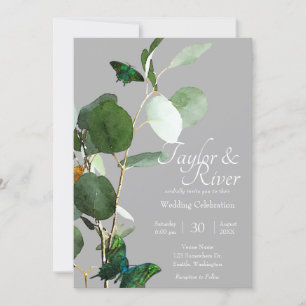 Butterflies & Eucalyptus Grey Wedding Invitation