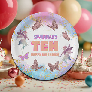 Butterflies Fairy Gold Glitter 10th Birthday Party Paper Plate