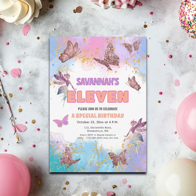 Butterflies Fairy Gold Glitter 11th Birthday Party Invitation (Creator Uploaded)