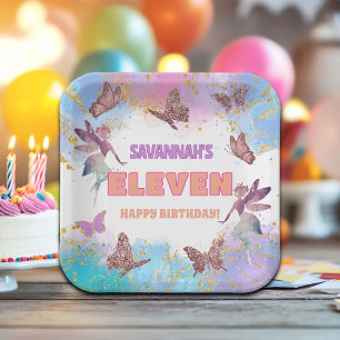 Butterflies Fairy Gold Glitter 11th Birthday Party Paper Plate