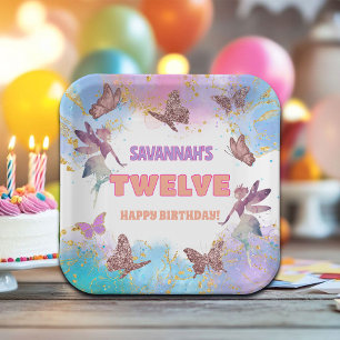 Butterflies Fairy Gold Glitter 12th Birthday Party Paper Plate