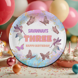 Butterflies Fairy Gold Glitter 3rd Birthday Party Paper Plate