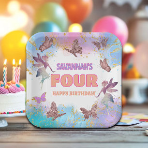 Butterflies Fairy Gold Glitter 4th Birthday Party Paper Plate