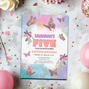 Butterflies Fairy Gold Glitter 5th Birthday Party Invitation