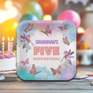 Butterflies Fairy Gold Glitter 5th Birthday Party Paper Plate