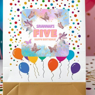 Butterflies Fairy Gold Glitter 5th Birthday Party Square Sticker