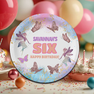 Butterflies Fairy Gold Glitter 6th Birthday Party Paper Plate