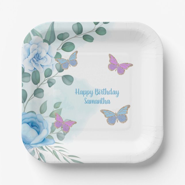  Butterflies Floral Blue Purple Gold Birthday  Paper Plate (Front)