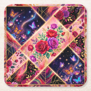 Butterflies, Floral Dreams & Golden Elegance Square Paper Coaster