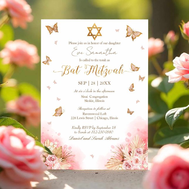 Butterflies Floral Gold Foil Bat Mitzvah Invitation (Creator Uploaded)