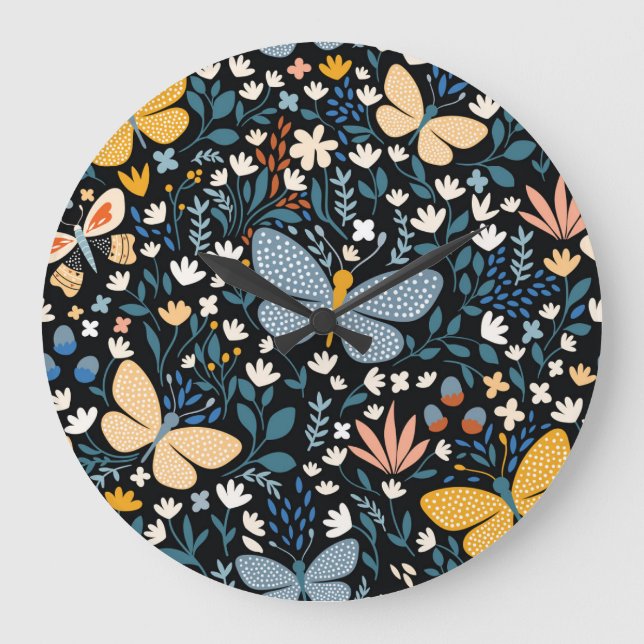 Butterflies Floral: Hand Drawn Seamless. Large Clock (Front)
