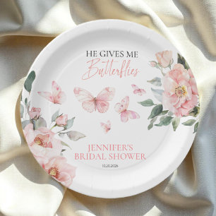 Butterflies Floral Pink Blush Bridal Shower Paper Plate