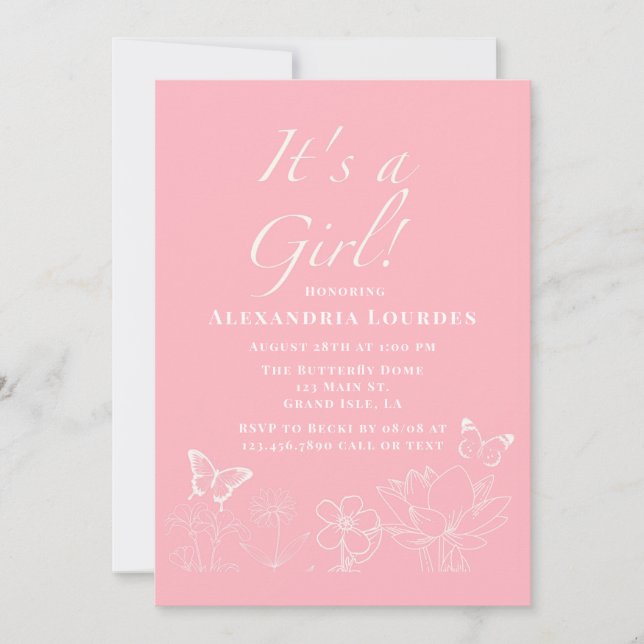 Butterflies & Floral Pink White Girl Baby Shower  Invitation (Front)