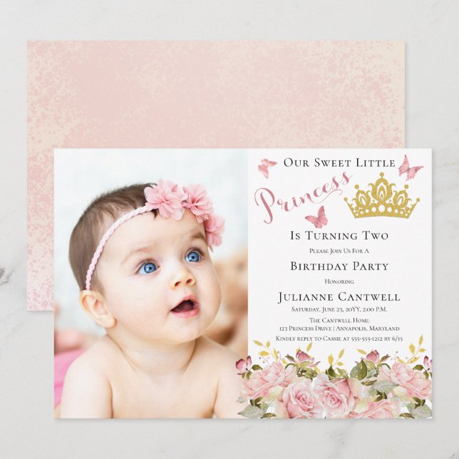 Butterflies Floral Princess Photo 2nd Birthday Invitation (Front/Back)