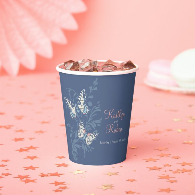 Butterflies floral swirl dark blue cream coral paper cups (Insitu)