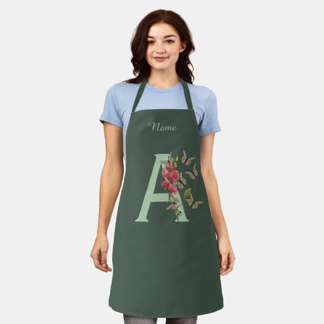 Butterflies Flower Monogram Initial A Personalised Apron (Worn)