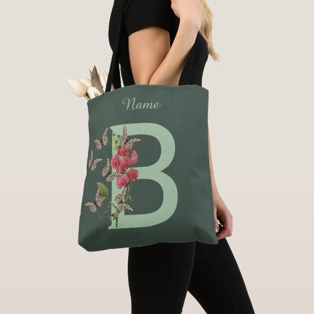 Butterflies Flower Monogram Initial B Personalised Tote Bag (Close Up)