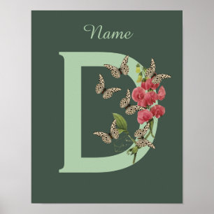 Butterflies Flower Monogram Initial D Name Poster
