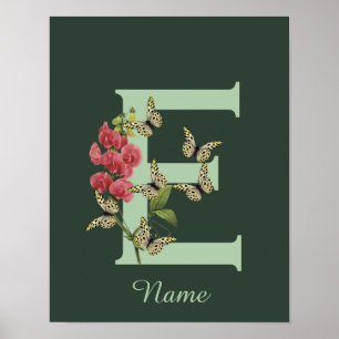 Butterflies Flower Monogram Initial E Personalised Poster