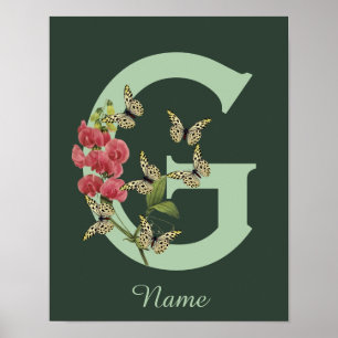 Butterflies Flower Monogram Initial G Personalised Poster