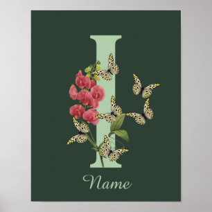 Butterflies Flower Monogram Initial I Personalised Poster