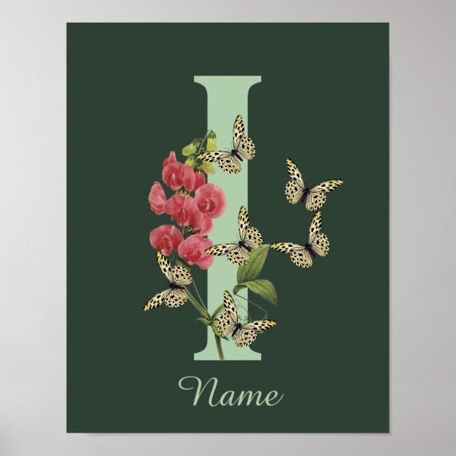 Butterflies Flower Monogram Initial I Personalised Poster (Front)