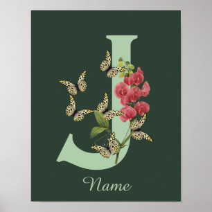 Butterflies Flower Monogram Initial J Personalised Poster