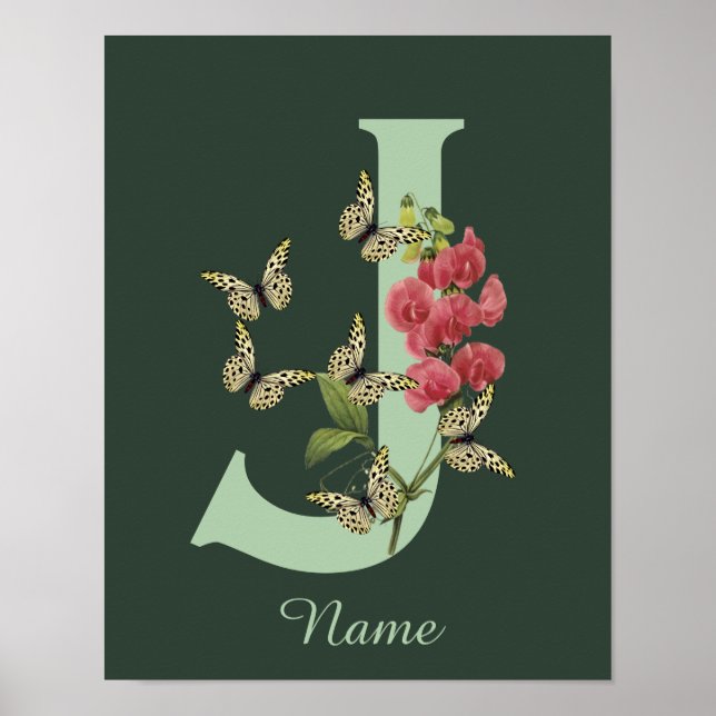Butterflies Flower Monogram Initial J Personalised Poster (Front)