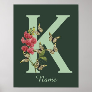 Butterflies Flower Monogram Initial K Personalised Poster