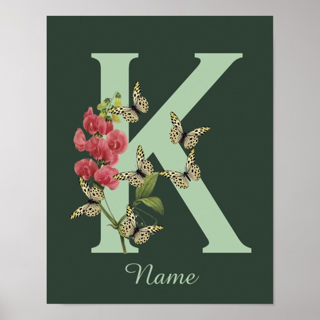 Butterflies Flower Monogram Initial K Personalised Poster (Front)