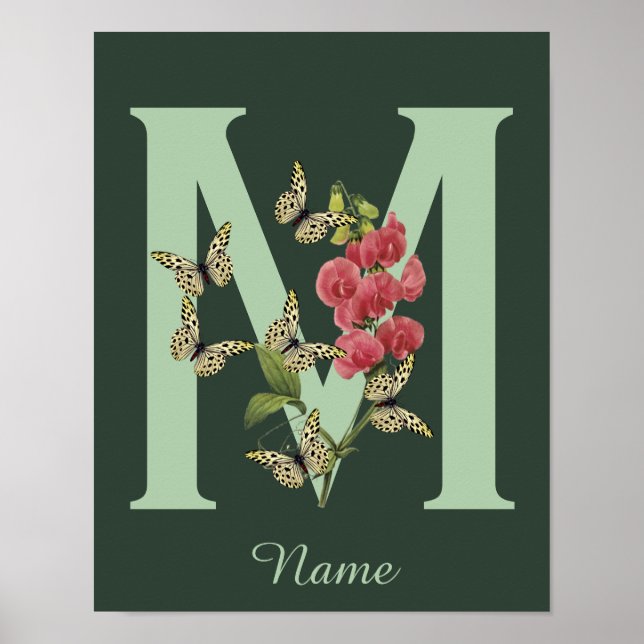 Butterflies Flower Monogram Initial M Personalised Poster (Front)