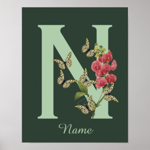 Butterflies Flower Monogram Initial N Personalised Poster