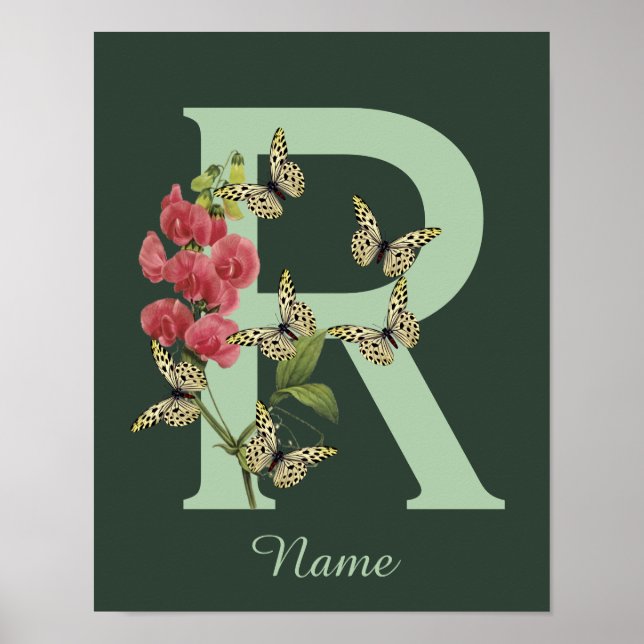 Butterflies Flower Monogram Initial R Personalised Poster (Front)