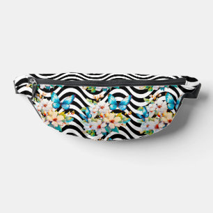 Butterflies Flowers Black & White Wavy Stripes Bum Bags