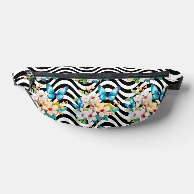 Butterflies Flowers Black & White Wavy Stripes Bum Bags (Lay Down)