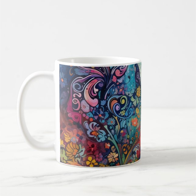 Butterflies flowers cats. Psychedelic art. Coffee Mug (Left)